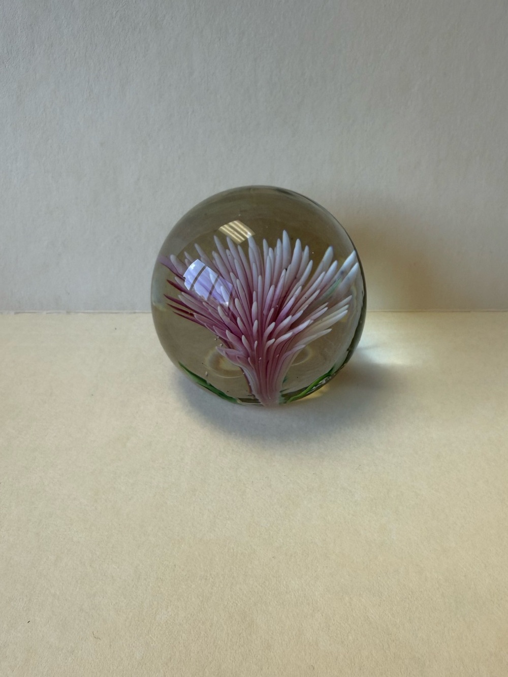 Vintage Small Pink White and Green Chrysanthemum Flower Art Glass Paperweight.